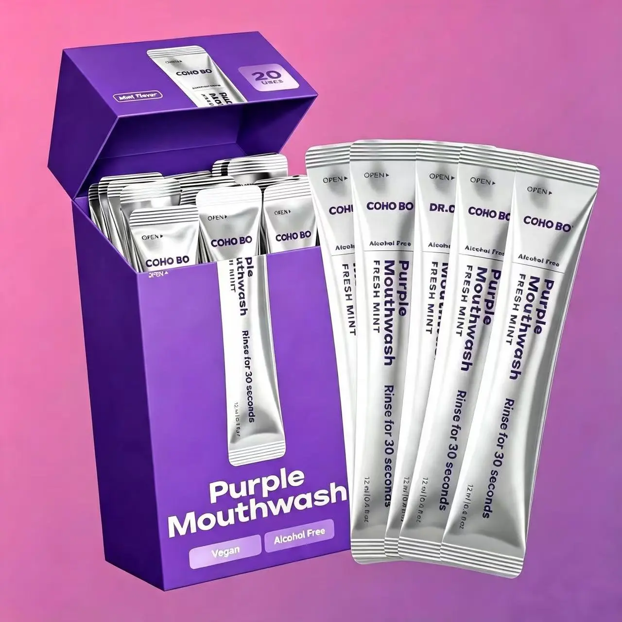 COHO-BO Purple Mouthwash - Sachets 20 Pack - Peroxide-Free - Alcohol Free - Vegan Mint