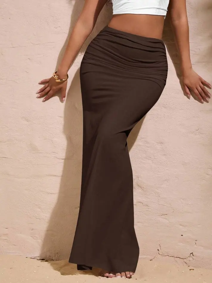 XLAIS Women's Espresso Brown Solid Color Pleated Fishtail Hem Skirt,Elegant Vacation Summer Holiday Long Skirt,Chic Elegant For Party Luxury Wedding Guest
