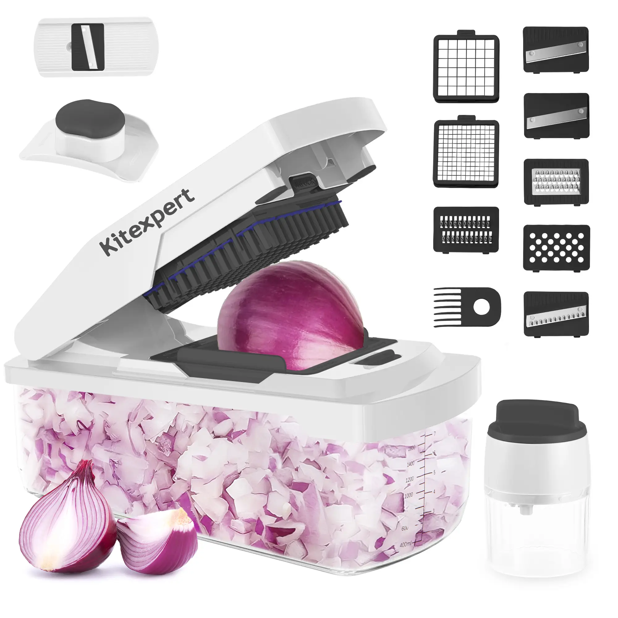 [LaborDay]KitExpert New Veggie Chopper(Faster Mealprep&Cleaning), All in One Mandoline, Multifunctional Food/Vegetable Chopper, Onion Cutter, Cheese G