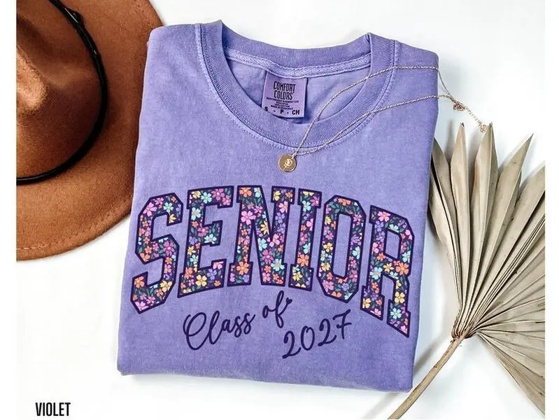 Senior Class of 2027 T-Shirt, Comfort Colors Senior 2027 Shirt, High School Senior Tshirt, Back to School Tee, Floral Senior Shirt Purple Top