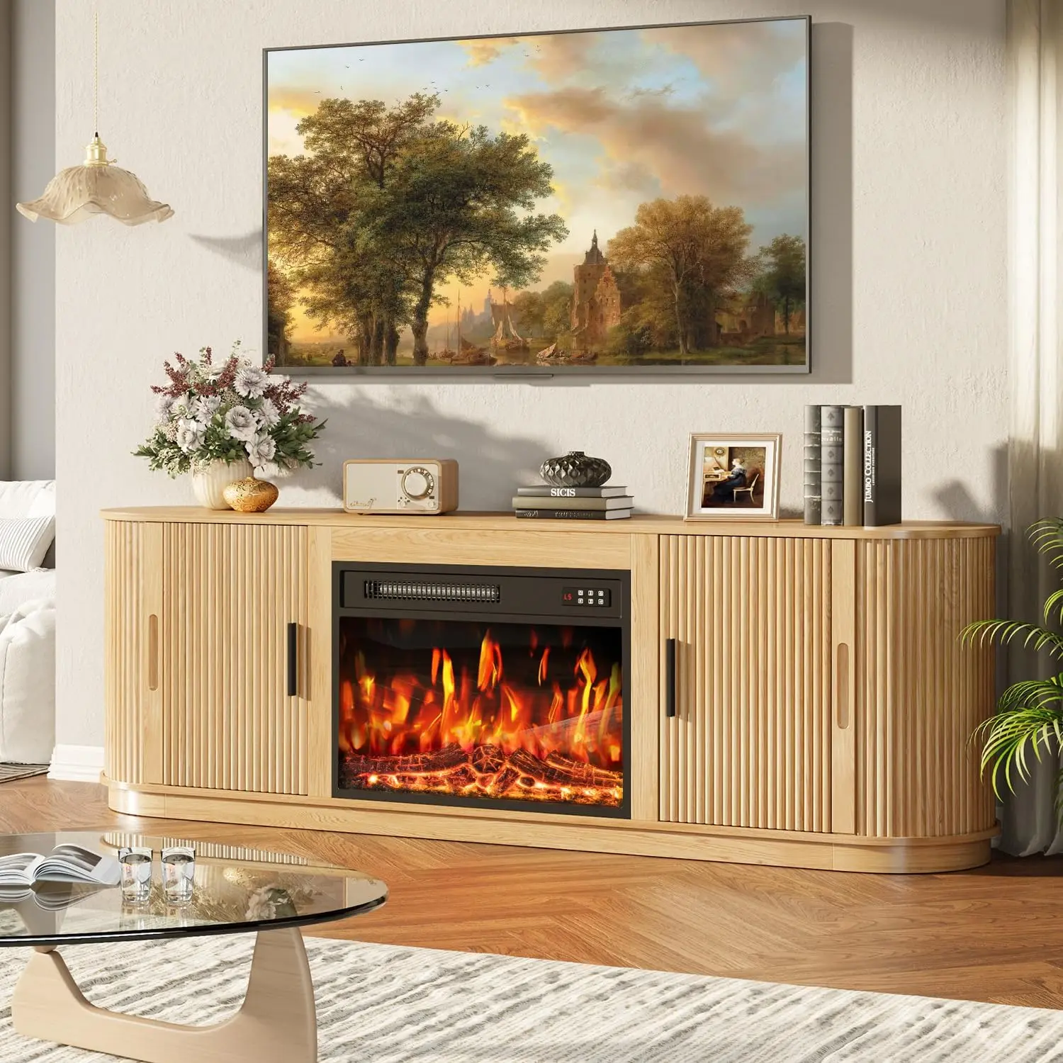 PUKAMI 70in Fluted Modern Wood TV Stand - 23in Electric Fireplace, 60in-Compatible Entertainment Unit for TVs Up to 80in, Curved Edge, Sliding Doors, Modern Living Room Furniture, Entertainment Tv Stand