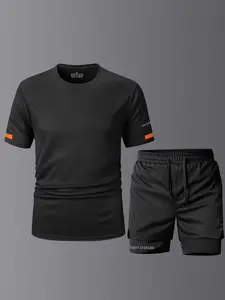 Men's Summer Quick-Dry Short Sleeve Sports Set, Pure Color Top and Matching Shorts, Sweat Wicking Breathable Sportswear for Outdoor Activities, Workout Set