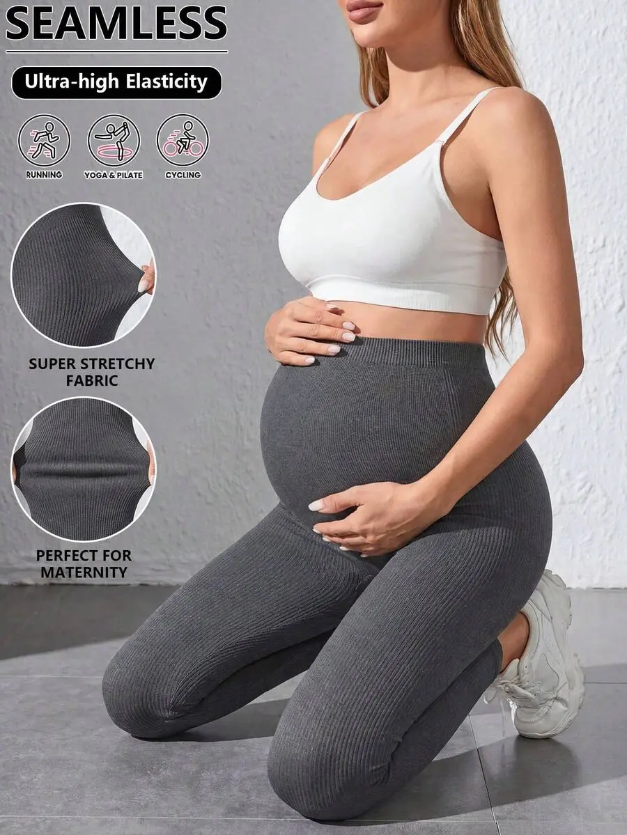 Maternity Solid Color High Waist Ribbed Slim Casual Pants Summer