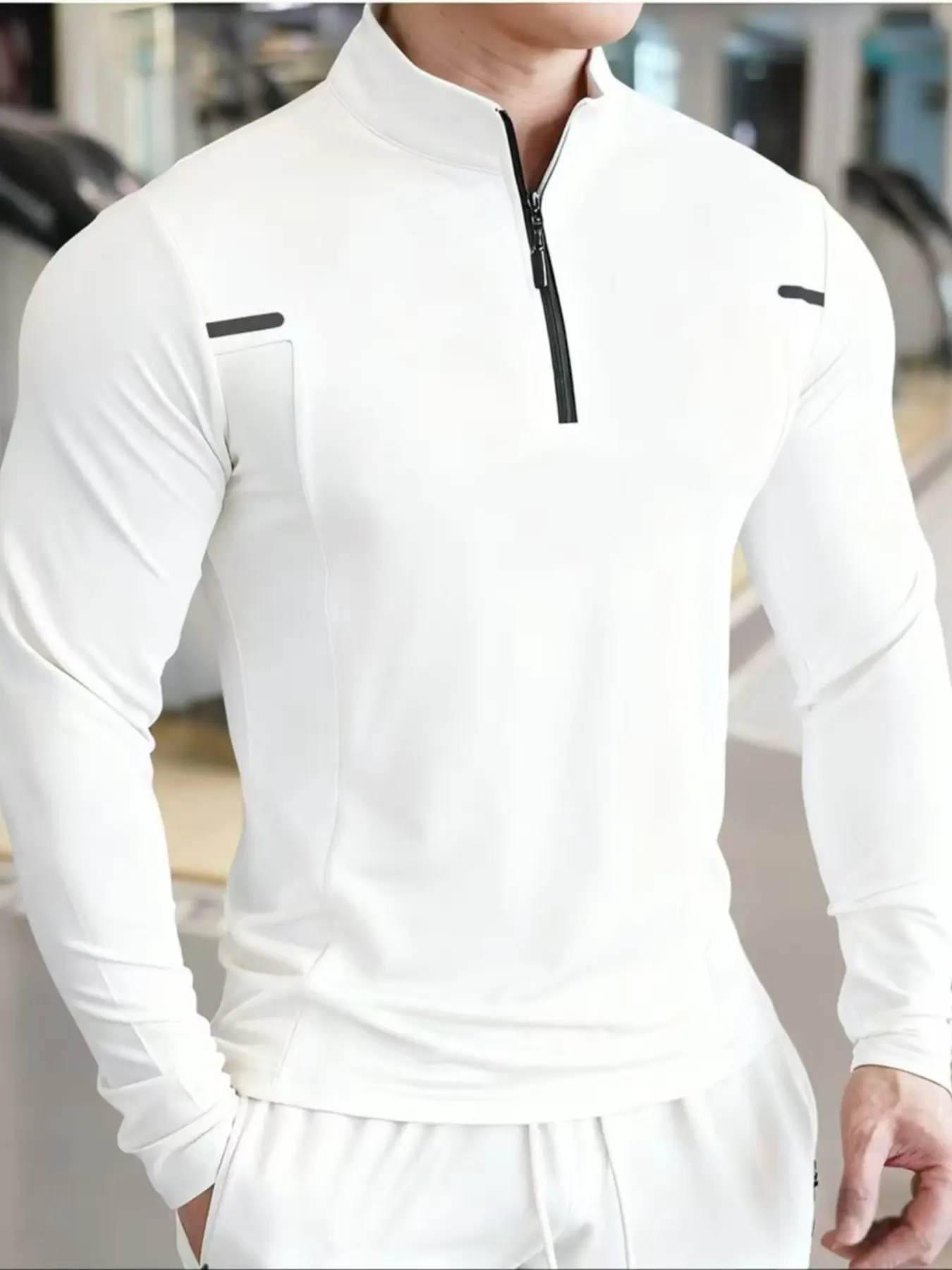 Men's Half-Zip Long Sleeve Tight-Fitting Sports Shirt with Reflective Strips, Soft Stretch Quick-Dry Gym Workout Top, Athletic Style Activewear, Stretchable Activewear, Fitness Shirt, Fitness Clothes Tops