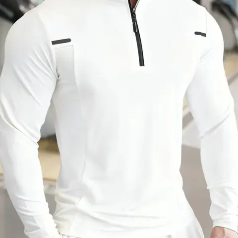 Men's Half-Zip Long Sleeve Tight-Fitting Sports Shirt with Reflective Strips, Soft Stretch Quick-Dry Gym Workout Top, Athletic Style Activewear, Stretchable Activewear, Fitness Shirt, Fitness Clothes Tops, Athletic Clothing