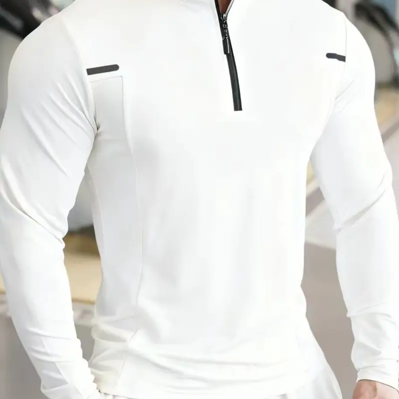 Men's Half-Zip Long Sleeve Tight-Fitting Sports Shirt with Reflective Strips, Soft Stretch Quick-Dry Gym Workout Top, Athletic Style Activewear, Stretchable Activewear, Fitness Shirt, Fitness Clothes Tops, Athletic Clothing