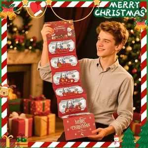 Christmas Santa Dollar Folding Red Envelope 6-Slot DIY Gold Stamping Set with Envelope & Ribbon, Holiday Gift Red Packet Party Decoration