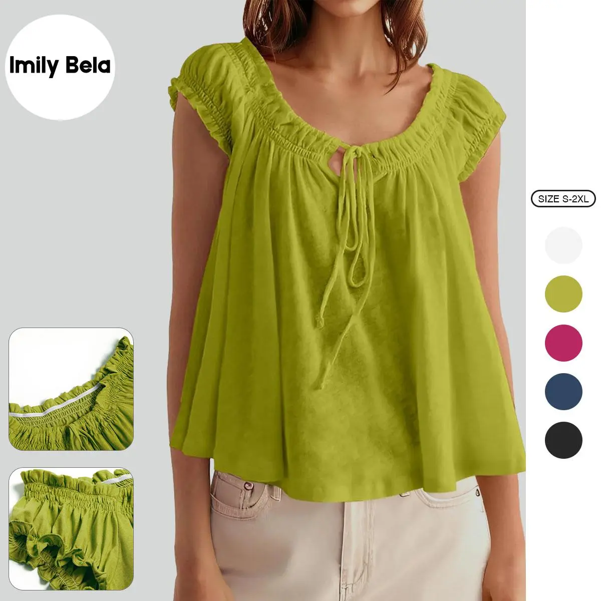 Imily Bela Women Summer Tie Front Tank Tops Cap Sleeve Pleated Babydoll Tops Casual Loose Fit Going Out Flowy Shirt