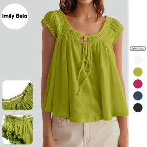 Imily Bela Women Summer Tie Front Tank Tops Cap Sleeve Pleated Babydoll Tops Casual Loose Fit Going Out Flowy Shirt