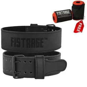 FISTRAGE Power Weight Lifting Genuine Leather Belt for Cambered Squat and Back Support for Men & Women - Black with Adjustable Fit and Weight Capacity