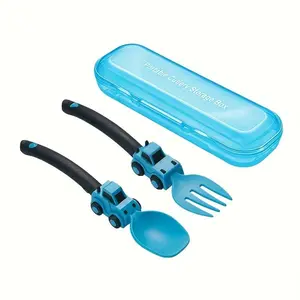 Summerwins Cartoon Vehicle Shapes Toddler Construction Themed Fork Spoon Set, Easy-Grip Self-Feeding Utensils for Baby-Led Weaning, Food-Safe Dishwasher-Safe with Clear Portable Storage Box, Birthday Gift for Travel