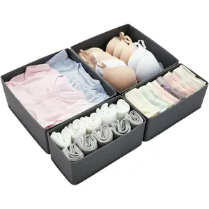 Drawer Organizer for Clothes & Underwear - 4-Pack Fabric Storage Bins with Zipper Bottom | Bra Drawer Organizer & Sock Organizer for Dresser - Foldable Baby Clothes Organizer Set, Grey
