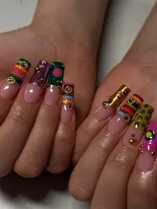 Handmade Rainbow Stripe Press On Nail, 3D Stud Nail Art