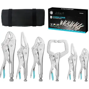 6- CR-V Pliers Set - 6-1/2', 9-1/2' Long Nose, 5', 7' & 10' Curved Jaw, 6' C-Clamp, Fast Release with Oxford Rolling Pouch