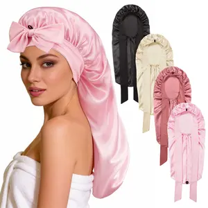 4 Pack Satin Sleep Bonnet for Women Curly Hair, Adjustable Elastic Band Silk Night Sleeping Cap for Long Natural Hair, Anti-Frizz Hair Protector Satin Hood Bonnet Set for Sliky Hair Care, Dreadlocks, Braids