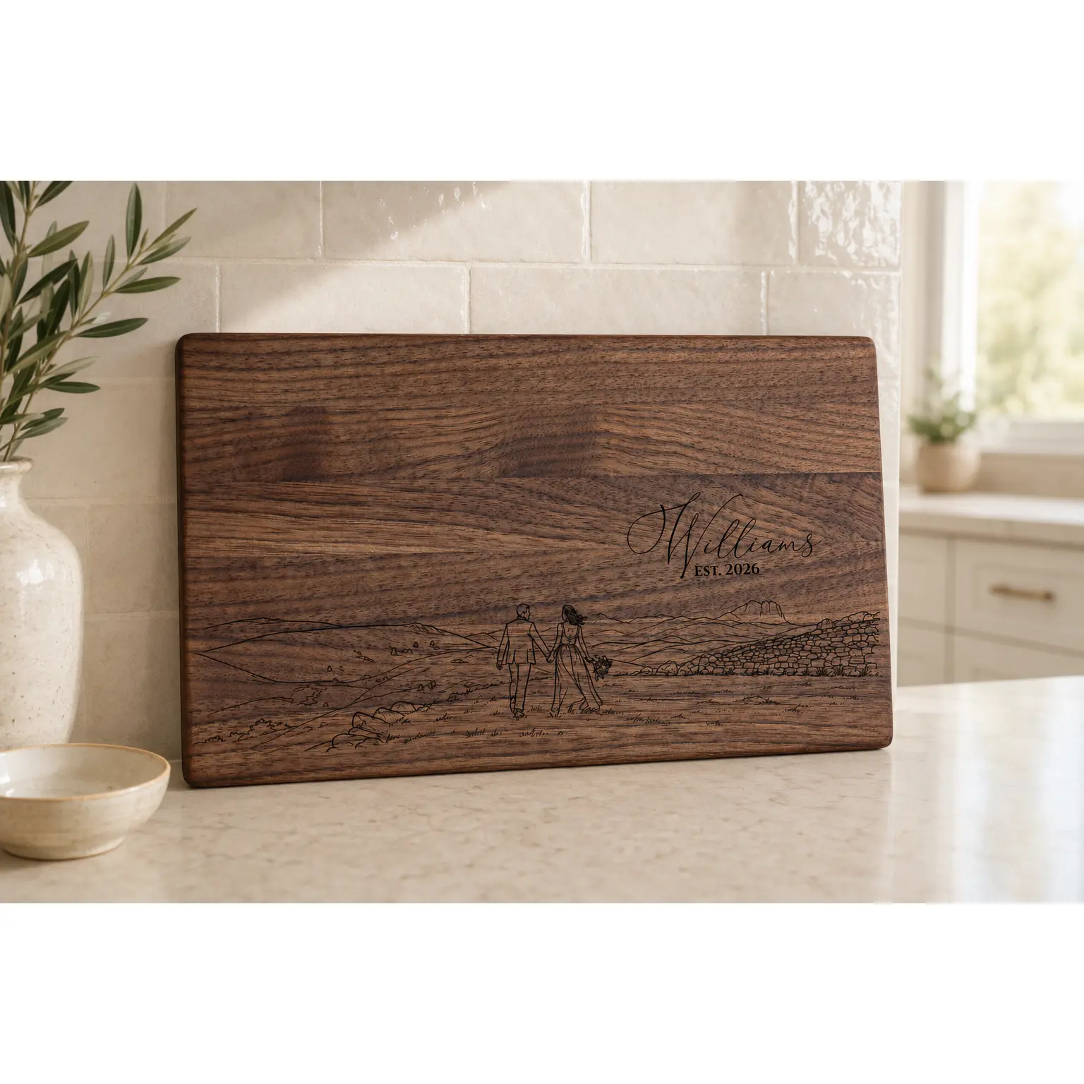 Custom Wedding Photo Engraved Walnut Board | Personalized Wedding Keepsake