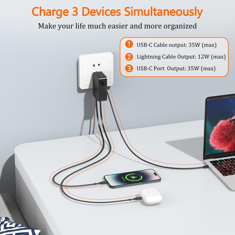 35W Retractable Wall Charger with Dual Cables, 3-Port USB Hub for Fast Charging iPhone 16/15/14/13/12/11, iPad, Samsung, LG & More 35W Retractable Wall Charger with Dual Cables, 3-Port USB Hub for Fast Charging iPhone 16/15/14/13/12/11, iPad, Samsung, LG & More