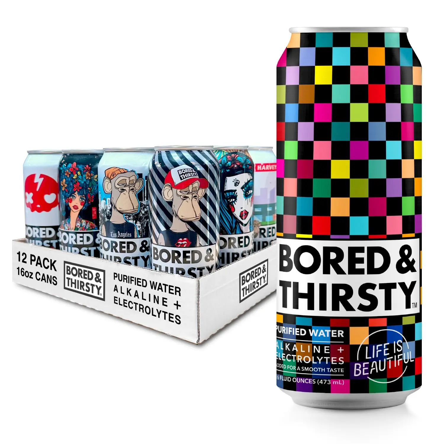 BORED & THIRSTY Supreme Water with Electrolytes, pH 8+ Alkaline and Trace Minerals - 16 FL OZ - 100% Recyclable Aluminum Cans 12 Pack with Limited Edition Can Art Variety Pack Case