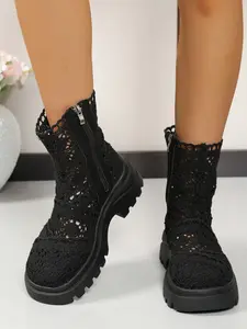 Light Punk Style Mesh Lace Hollow Out Thick Sole Short Boots, Breathable Height Boost Slimming Side Zipper, European Street Fashion Boots