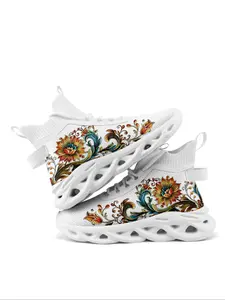 Women's Floral Print Lace Up Chunky Sneakers, Reflective Round Toe High Top Running Shoes, Casual Comfortable Breathable Lightweight Sports Shoes for Daily Life