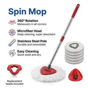 Spin Mop Head, Base, Handle Replacement for O-Ceda EasyWring Microfiber Spin Mops, 2 Microfiber Mop Refills, 1 Triangle Head Cover and 30-58in Handle Set Combo