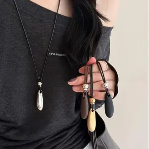 Minimalist Frosted Polished Metal Geometry Teardrop-shaped Pendant Leather Rope Necklace for Women Long Sweater Chain Jewelry