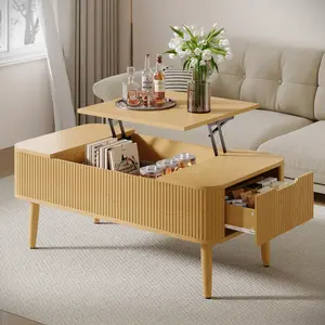 TOKSOM 47.2”Modern Coffee Table Wooden Fluted Lift Top Coffee Table with Hidden Compartment,Mid Century Modern Rectangle Center Tables with Lifting Tabletop & 2 Storage Drawers for Home Living Room