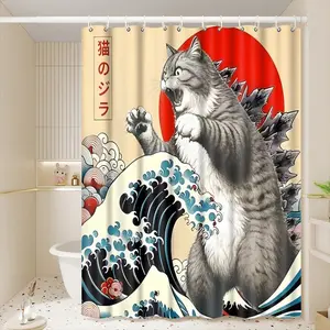 1pc Japanese Godzilla Cat Traditional Wave Printed Shower Curtains with Plastic Hooks Shower Curtain for Bathtub Bathroom, Suitable for Home and Hotel Machine Washable Bathroom Decor as Best Holiday Gifts for Friends