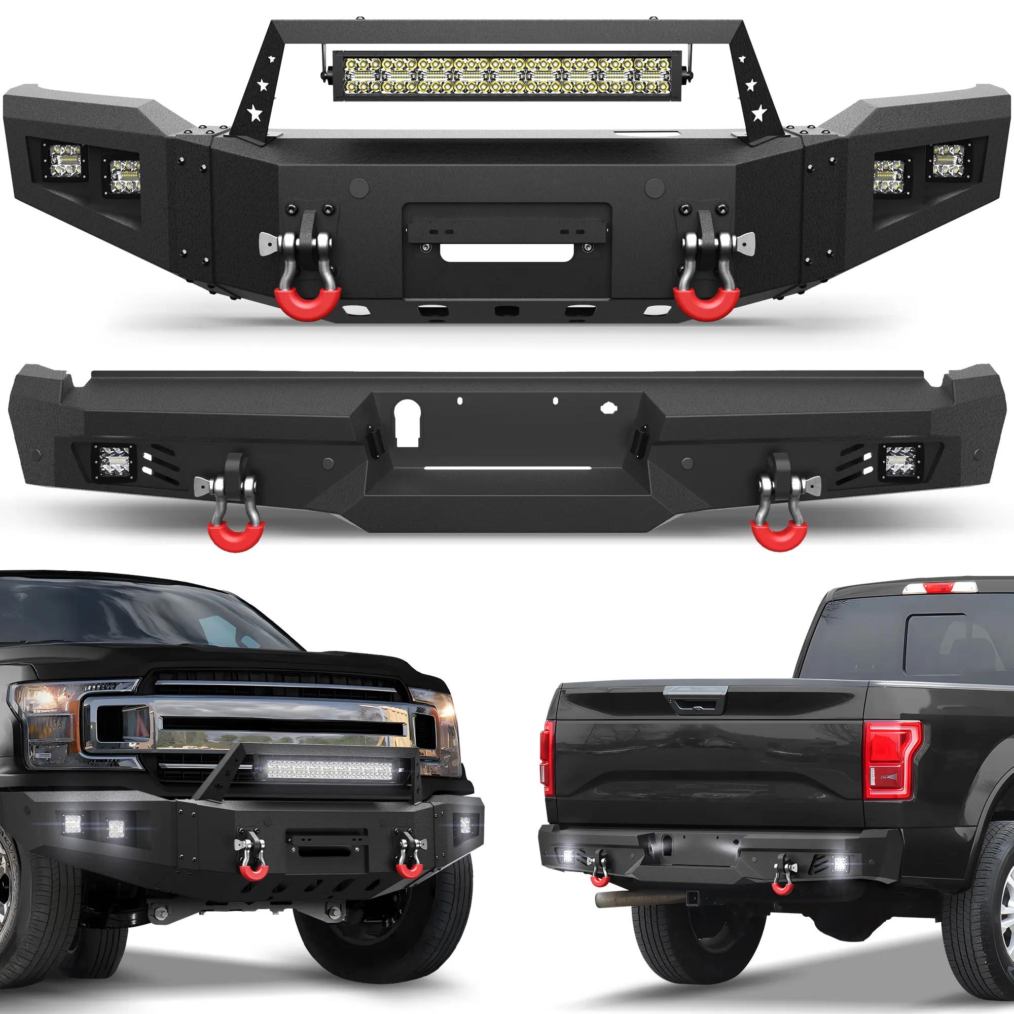 POFENZE-NADIA F150 Off-Road Bumper Set for 2018-2020 Ford F150 (Excluding Raptor), Includes Winch Plate, LED , D-Rings and License Plate Bracket fck light bars