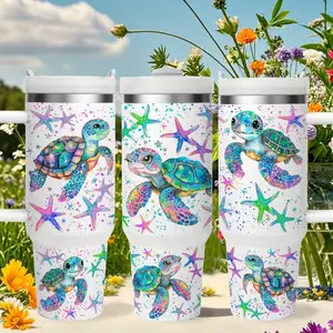 Sea Life Animal Starfish, Sea Turtle 40oz Stainless Steel Thermos Cup, 304 Stainless Steel with Lid and Handle, Home, Office Portable Durable Thermos Cup, Ideal Gift Wide Mouth Leakproof Glass Juice Bottles