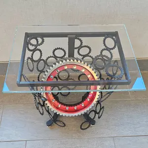 Polished Bull Gear Couch End Table with Glass Top Candy Apple Red Accent Industrial Style 24x18x1/2 Low Iron Glass 23 Tall