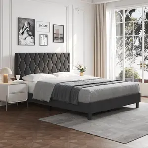 Upholstered Platform Bed Frame with Adjustable Fabric Headboard – Heavy-Duty Wood Slats, Noise-Free, Easy Assembly – No Box Spring Needed – Available in Twin, Full, Queen, King – Colors: Pink, Grey, Black, Beige