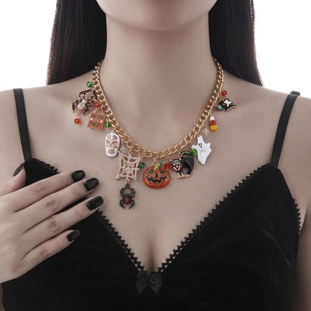 QIMENGLAI Women's Halloween Rhinestone Clavicle Necklace - Sparkly Crystal Spider Ghost Pumpkin Skull Pendant Festival Jewelry with Birthstones Bubble Initial Opalite Dainty Heart Name for Girlfriend Birthday Gifts