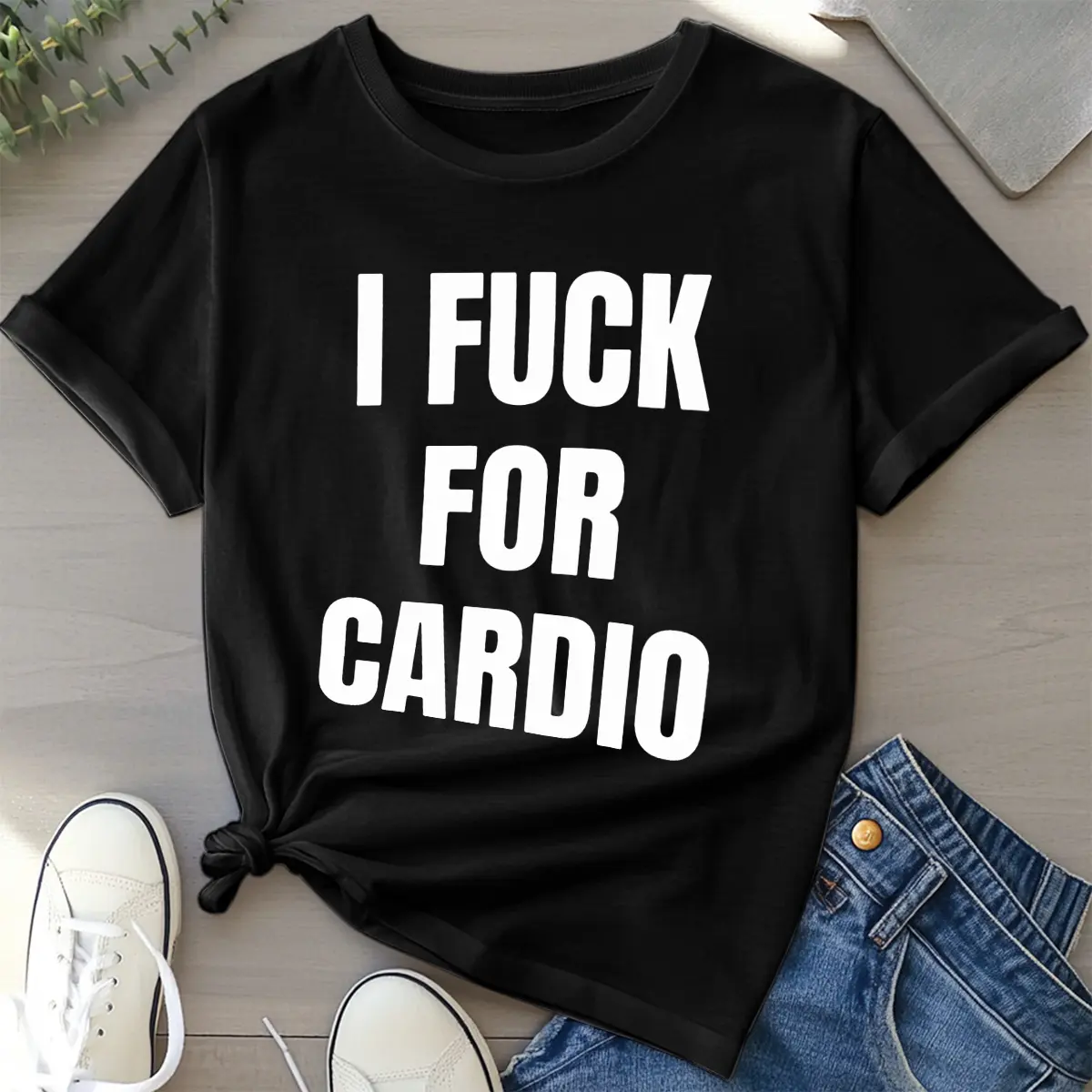 Women's Hilarious Graphic T-Shirt - 100% Cotton Casual Athleisure Tee, Korean Style Short-Sleeve Round Neck Athletic Streetwear Top with "I F*ck for Cardio" All Over Print