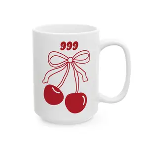999 Angel Number Cherries Ceramic Coffee Mug - Coquette Bow Kawaii Glossy Washable Reusable White 11oz-15oz Drinkware for Daily Drink Use, Reuse