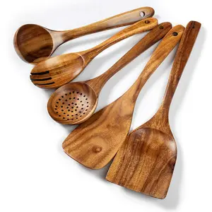 Premium 5-Piece Teak Wooden Spoon Set for Cooking | Heat Resistant Kitchen Utensils for Nonstick Cookware | Natural, Durable, Scratch-Free Wooden Spatulas & Spoons with Hanging Holes | Handcrafted Rust-Free Kitchen Must-Have