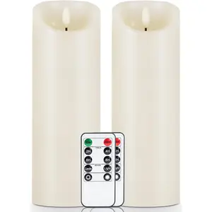 9" x 3" Flickering Flameless Candles -  Operated Wax LED Candles -  Yellow Light with Remote and Timers Set of 2, , for  Decor, Candle Sconces