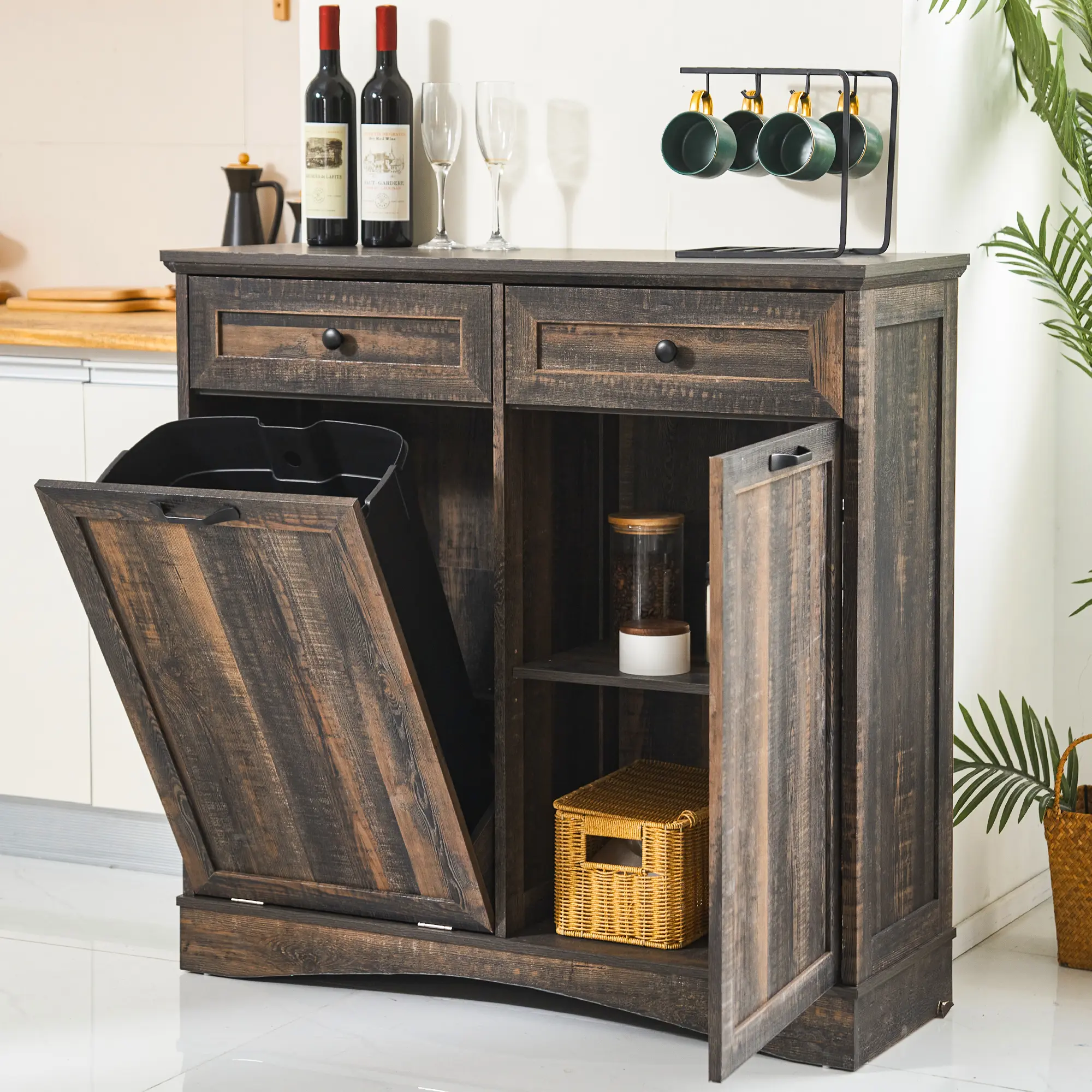 AHB 13 Gallons Tilt Out Trash Cabinet Freestanding Kitchen Trash Cabinet with Hideaway Drawers Pet Proof Trash Can for Kitchen Dining Room Living Room Storage Furniture