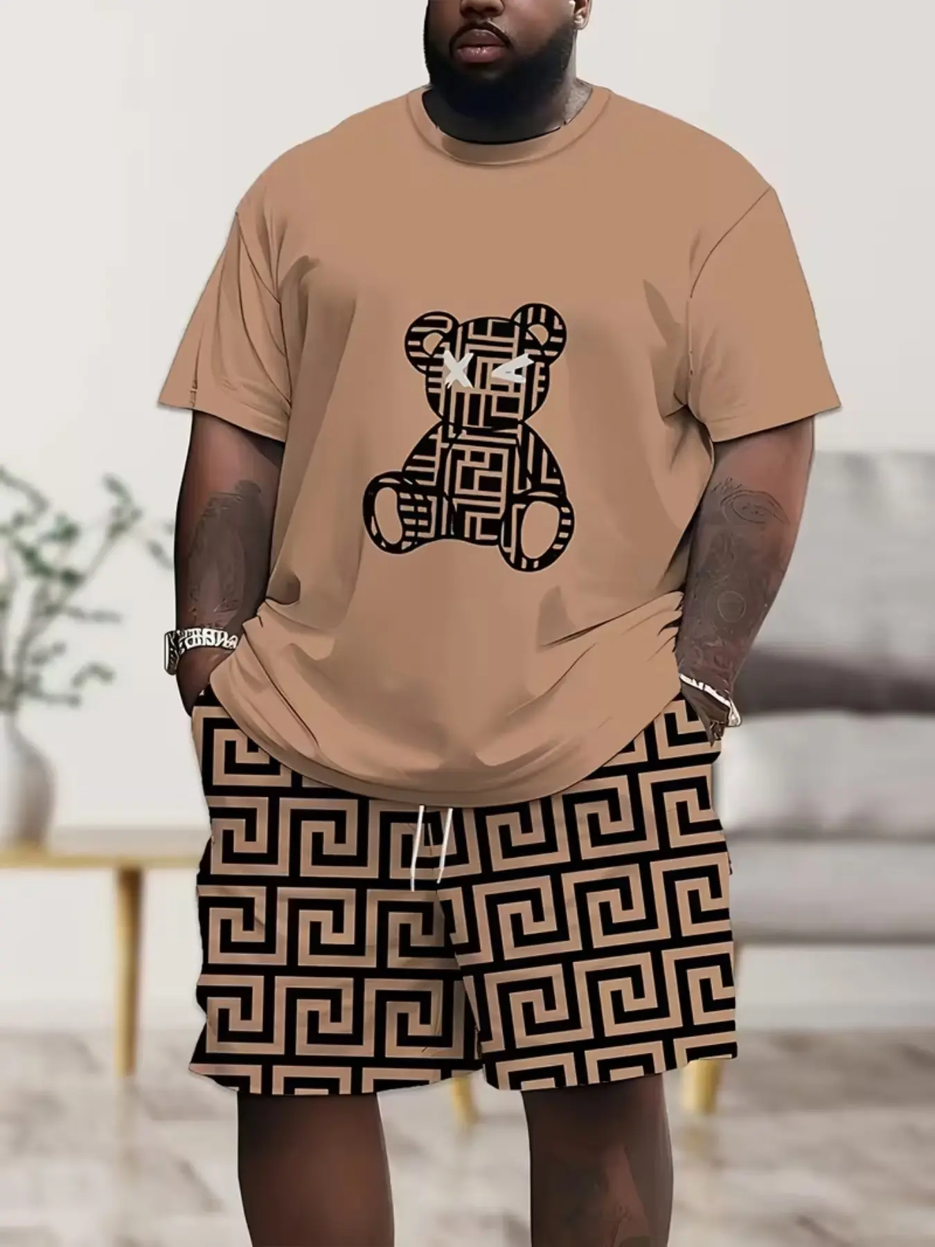 Men's Summer Large Size Round Neck Short Sleeve Shorts Pajama Set, 3D Print Toy Bear Pattern, Casual Home Wear