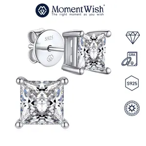 【#25 Princess Stud】MomentWish Synthetic Moissanite Earrings for Women, 1Carat Synthetic Moissanite Princess Cut Stud Earrings