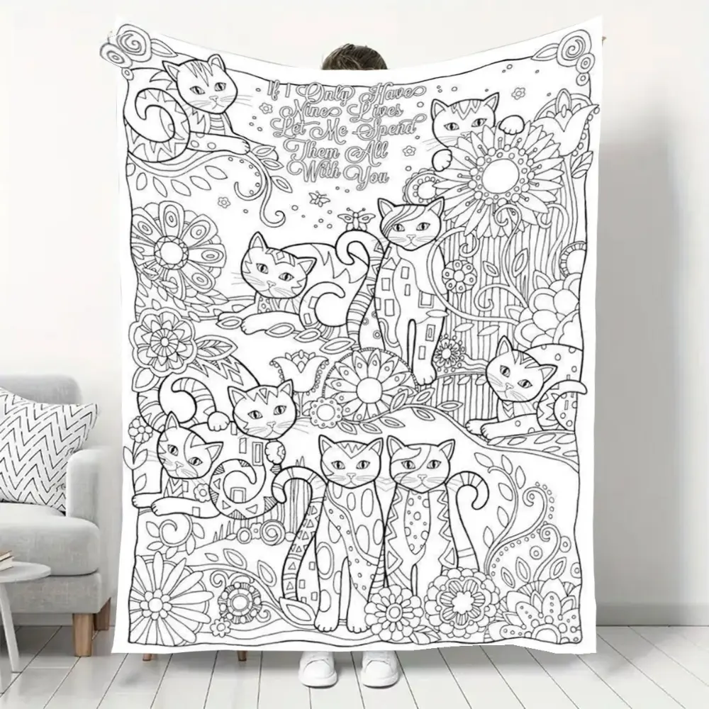 Cat Lover Coloring Book Style Blanket, Soft Flannel Throw Blanket with Black White Floral Cat Quote Print, Cozy Gift for Cat Lovers Women Girls Teens and Cat Moms, Cute Pet Lover Blanket for Bed Couch Sofa Bedroom Dorm