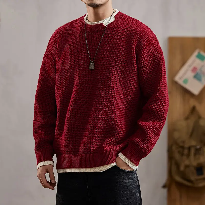 Men's Crew Neck Long Sleeve Knit Sweater, Full Body Waffle Grid Textured Fabric With Distinct Contrast Trim On Neckline Cuffs And Hem Versatile Pullover For Autumn Winter Daily Street Casual Commute Weekend Outdoor Activities