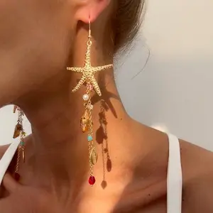 September Laurel  Women's Boho Style Alloy Statement Earrings Set, Ocean-Inspired Starfish Shell Design, Irregular Crystal Beaded Dangle Jewelry for Daily Wear & Vacation thick studs