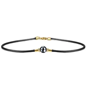 Mens Hematite Stone Leather Choker Necklace