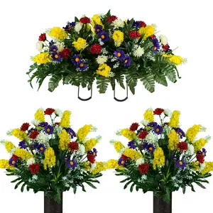 Spring Wildflower Cemetery Saddle - Red & Yellow Wildflowers for Cemetery Headstone - Artificial Cemetery Flower Set 1 Saddle and 2 Bouquets
