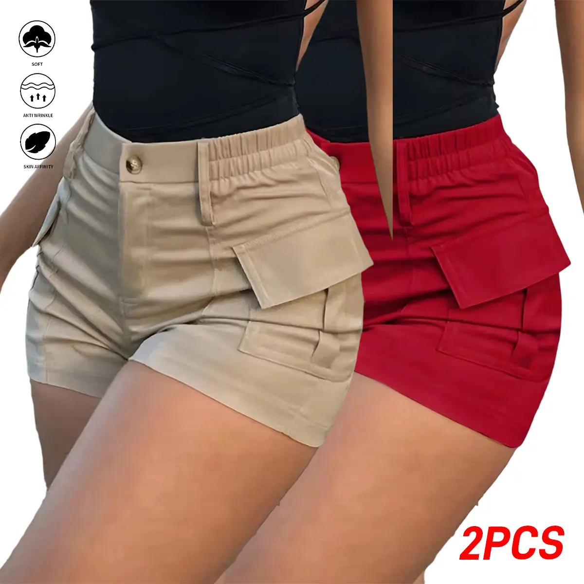 Women's High-Waist Cargo Shorts (Set of 2) - Polyester, High-End Design, Multi-Pocket, Straight Cut, Loose Fit, Versatile for Casual Vacations, Street Wear, Office Commuting