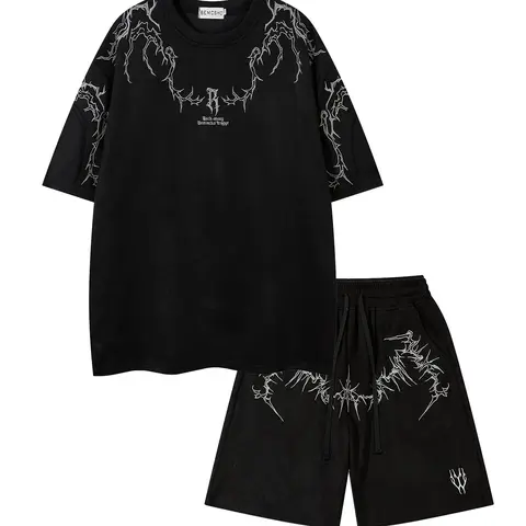 Men's Embroidered Short-Sleeve Tee & Shorts Two-Piece Set, Oversized Baggy Casual Fashion Cozy Breathable T-Shirt & Track Shorts for Daily Outdoor Wear, Men's Clothing for Summer, Shorts Set Outfit, Menswear