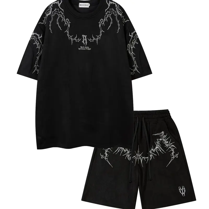 Men's Embroidered Short-Sleeve Tee & Shorts Two-Piece Set, Oversized Baggy Casual Fashion Cozy Breathable T-Shirt & Track Shorts for Daily Outdoor Wear, Men's Clothing for Summer, Shorts Set Outfit, Menswear