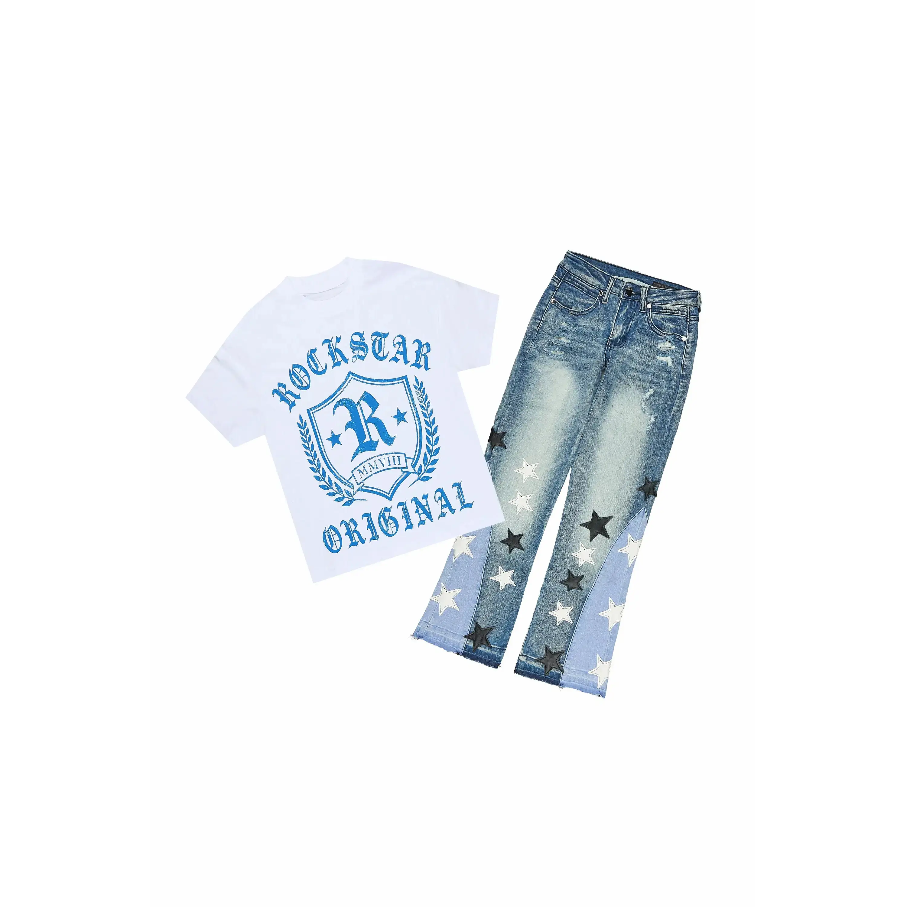 Girls Vesty White/Blue T-Shirt Stacked Jean Set