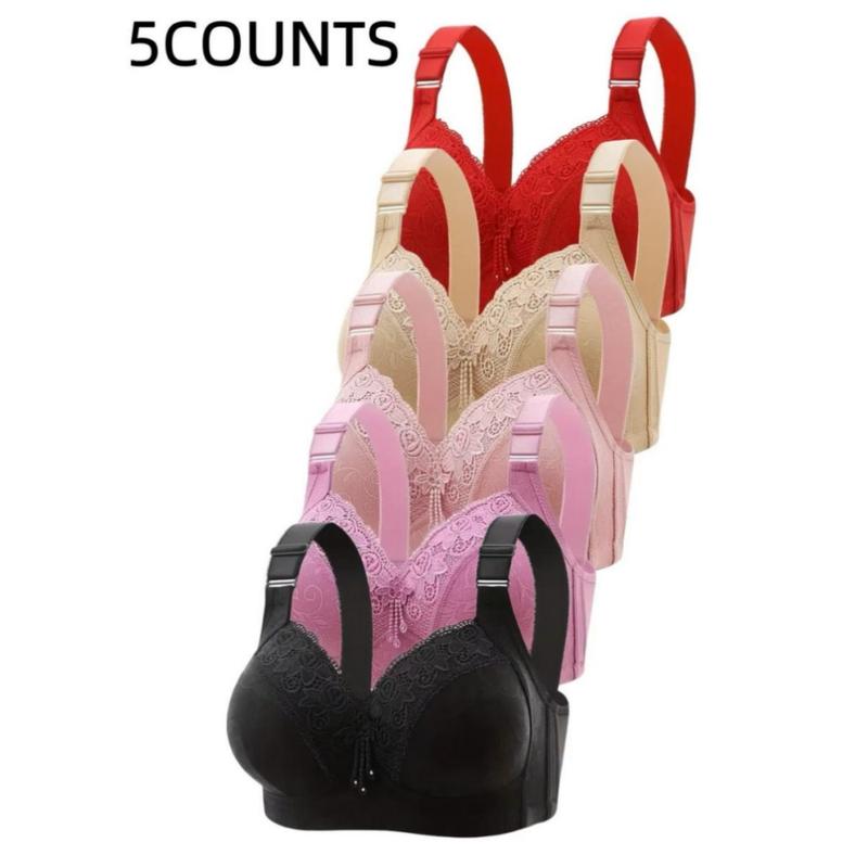 Women's Luxuriously Soft Contrast Lace Push Up Bra Adjustable Straps Breathable All-Day Comfort Underwear Flattering Fit Versatile Seasonless Lingerie Stylish Supportive Bralette 5 PCS Set